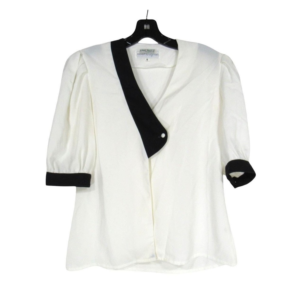 SAKOWITZ By ROBERT KRUGMAN White w/Black Trim 2-Buttons Surplice Blouse/Top Sz 6